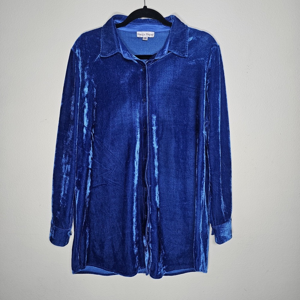 Rebecca‎ Malone Womens Medium Velvet Bright Cobalt Blue Button Up Top Stretchy